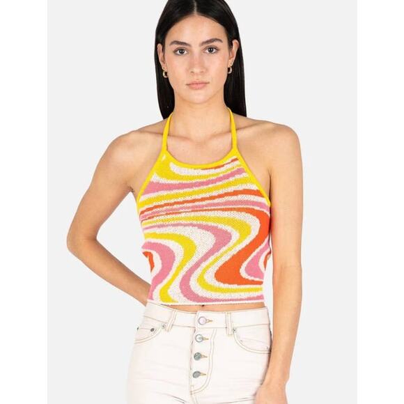 Micas Swirl Knit Retro Wavey Cropped Halter Open Back Top - L - Picture 2 of 6